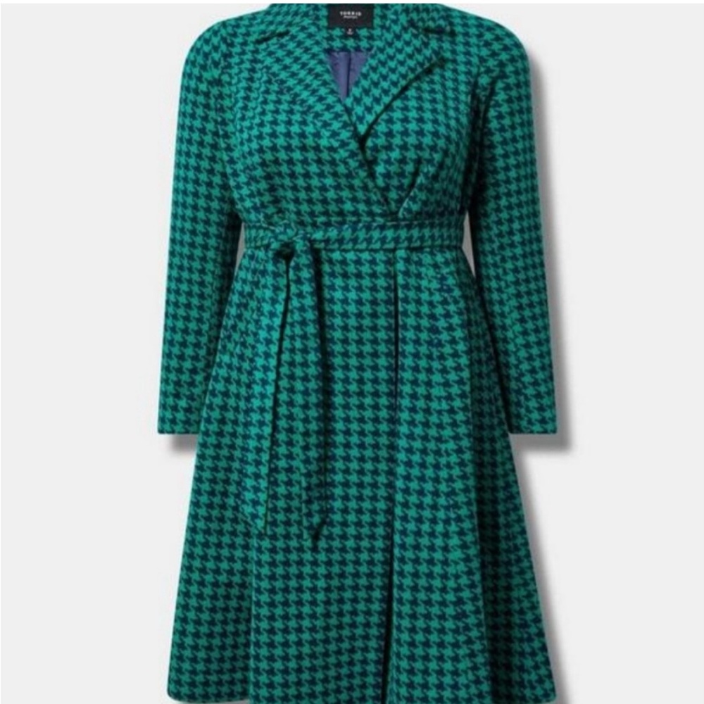 NWT TORRID SZ 6 6x wool fit and flare coat blue green plaid tie waist